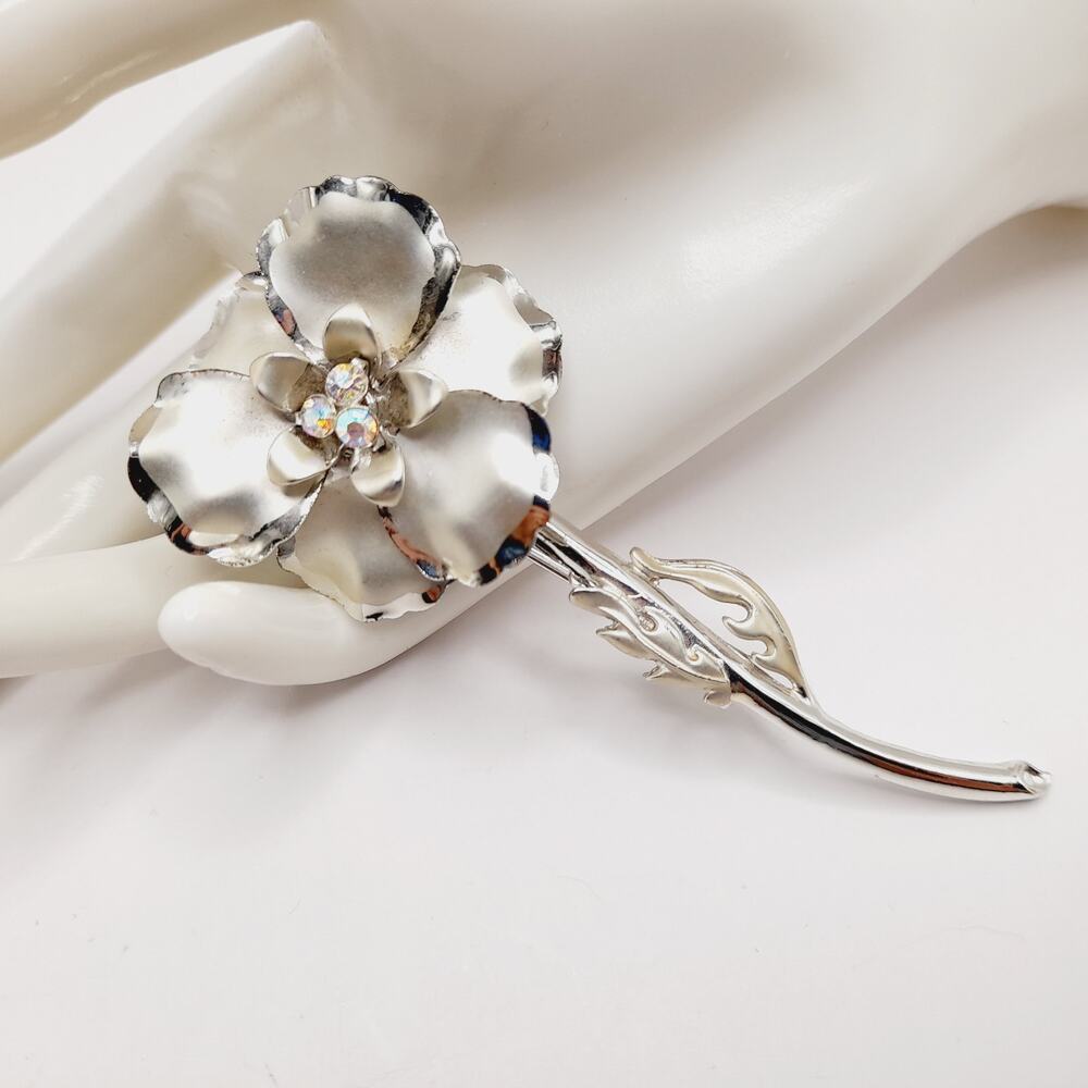 Vintage Silver Tone Flower Brooch Aurora Borealis Center Long Stem 4"